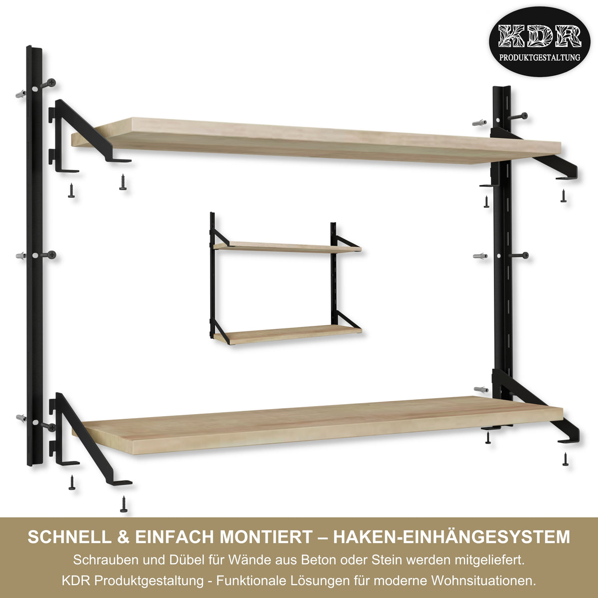 Wandregal 60 x 20 cm in Eiche – Modernes Wandschienenregal mit 2 Regalböden, bis 50 kg belastbar, höhenverstellbar und modular erweiterbar – Ideal für Wohnzimmer, Küche, Büro und Flur