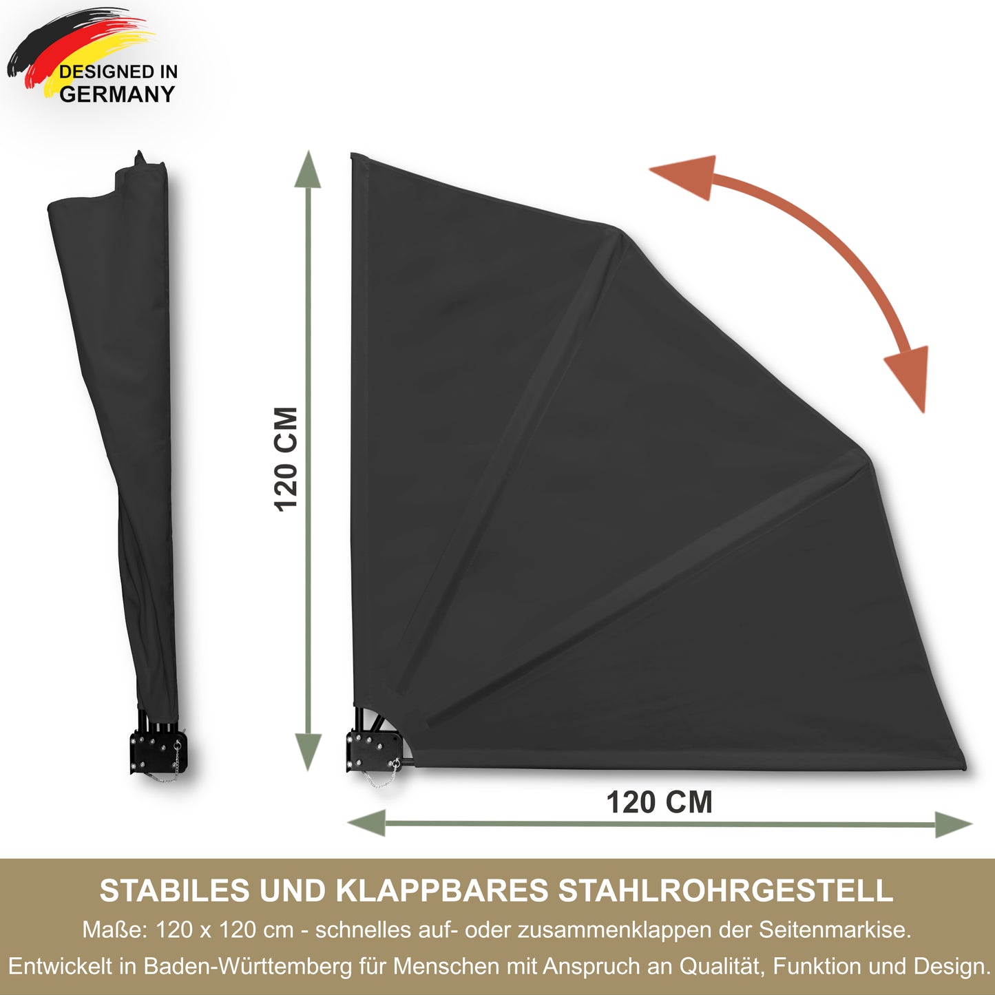 Balkonfächer 120x120 cm Anthrazit – Wind- & Sichtschutz für Balkon & Terrasse – Markise mit UV-beständigem Polyester – Schutzhülle & Montagezubehör