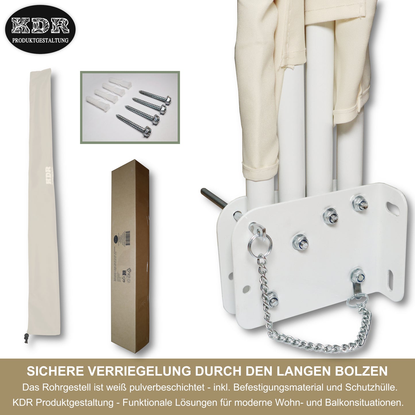 Balkonfächer 120x120 cm Beige – Wind- & Sichtschutz für Balkon & Terrasse – Markise mit UV-beständigem Polyester – Schutzhülle & Montagezubehör