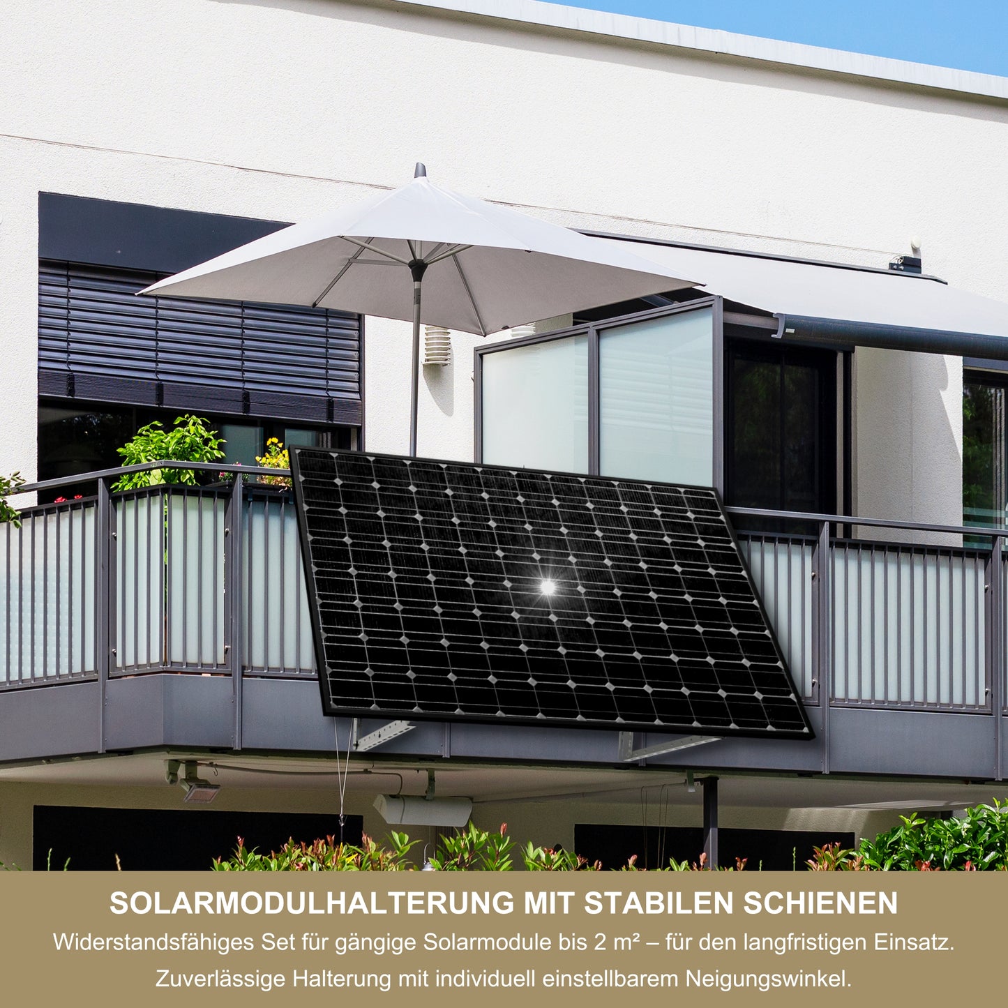 Halterung Solarmodul Edelstahl K320 geschliffen außen – 2,5 mm stark – verstellbar 0-45° – PV Halter Balkon Wand Flachdach – für Solarmodule bis 2 m²