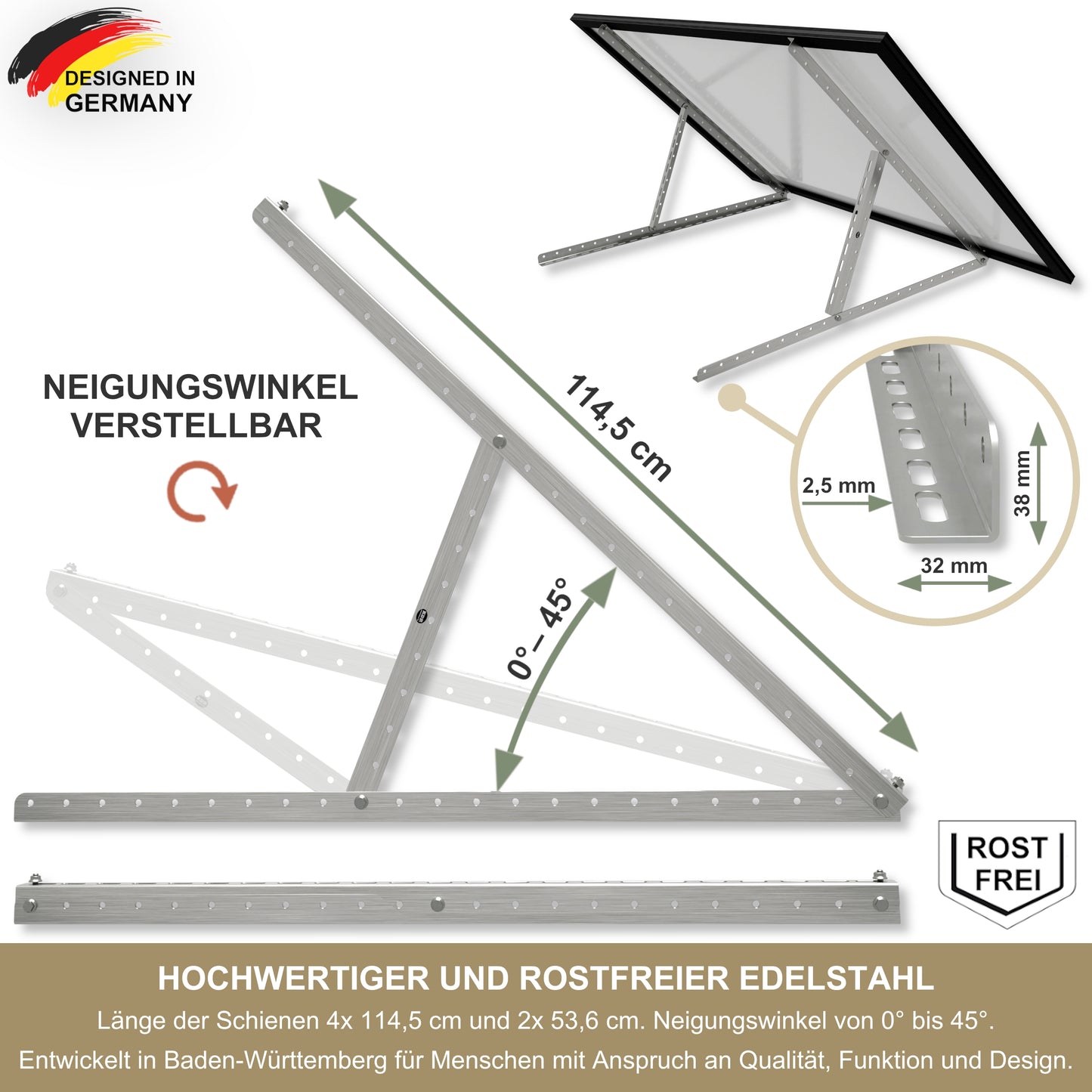 Halterung Solarmodul Edelstahl K320 geschliffen außen – 2,5 mm stark – verstellbar 0-45° – PV Halter Balkon Wand Flachdach – für Solarmodule bis 2 m²