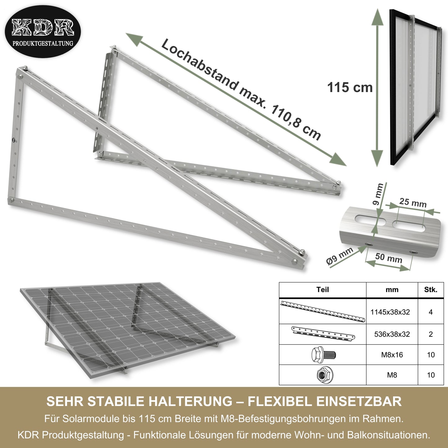 Halterung Solarmodul Edelstahl K320 geschliffen außen – 2,5 mm stark – verstellbar 0-45° – PV Halter Balkon Wand Flachdach – für Solarmodule bis 2 m²