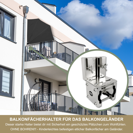 Soporte de acero inoxidable para sombrillas de balcón, para barandillas redondas y cuadradas – hasta 160×160 cm, soporte para toldos de balcón, fijación segura a la barandilla