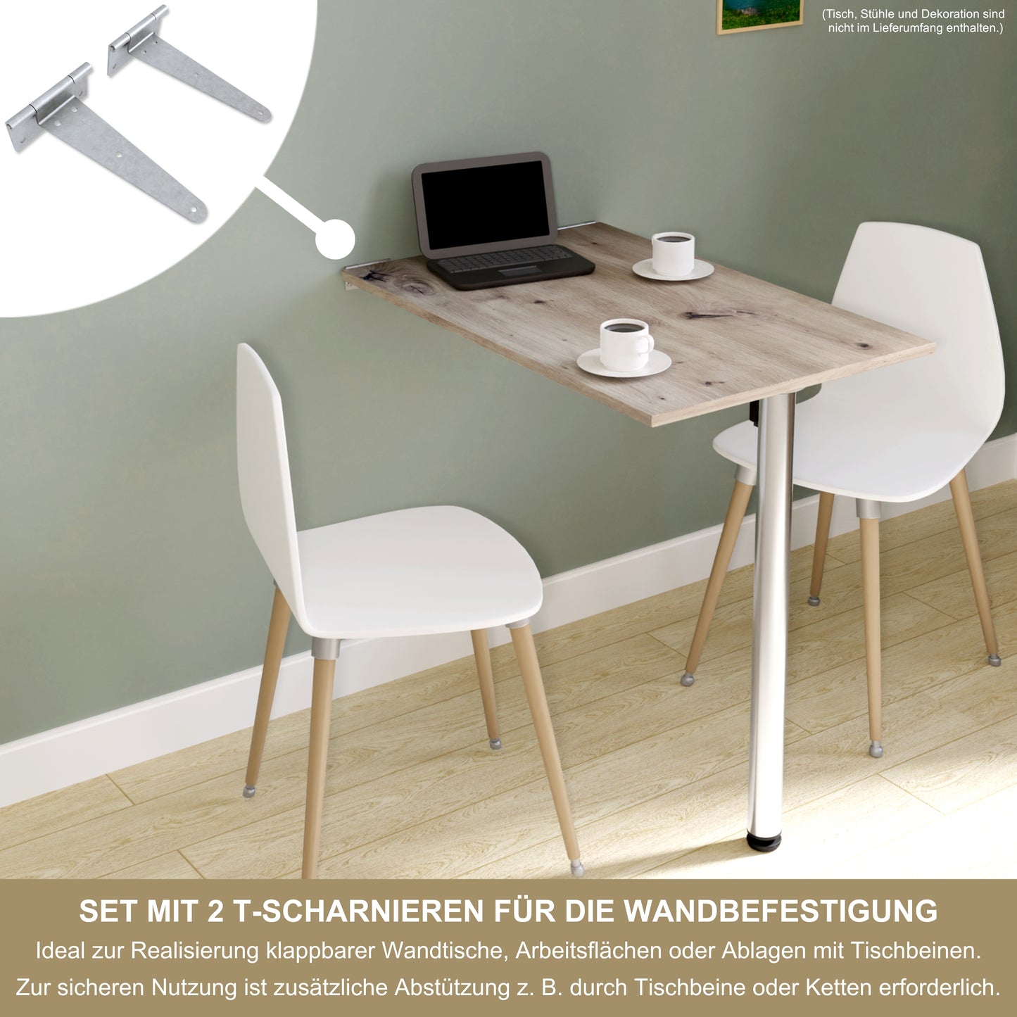 T-Scharnier Set für klappbaren Wandtisch – 2× verzinktes Bandscharnier für Wandmontage – Klapptisch Scharnier 90°-180° – inkl. Montagematerial