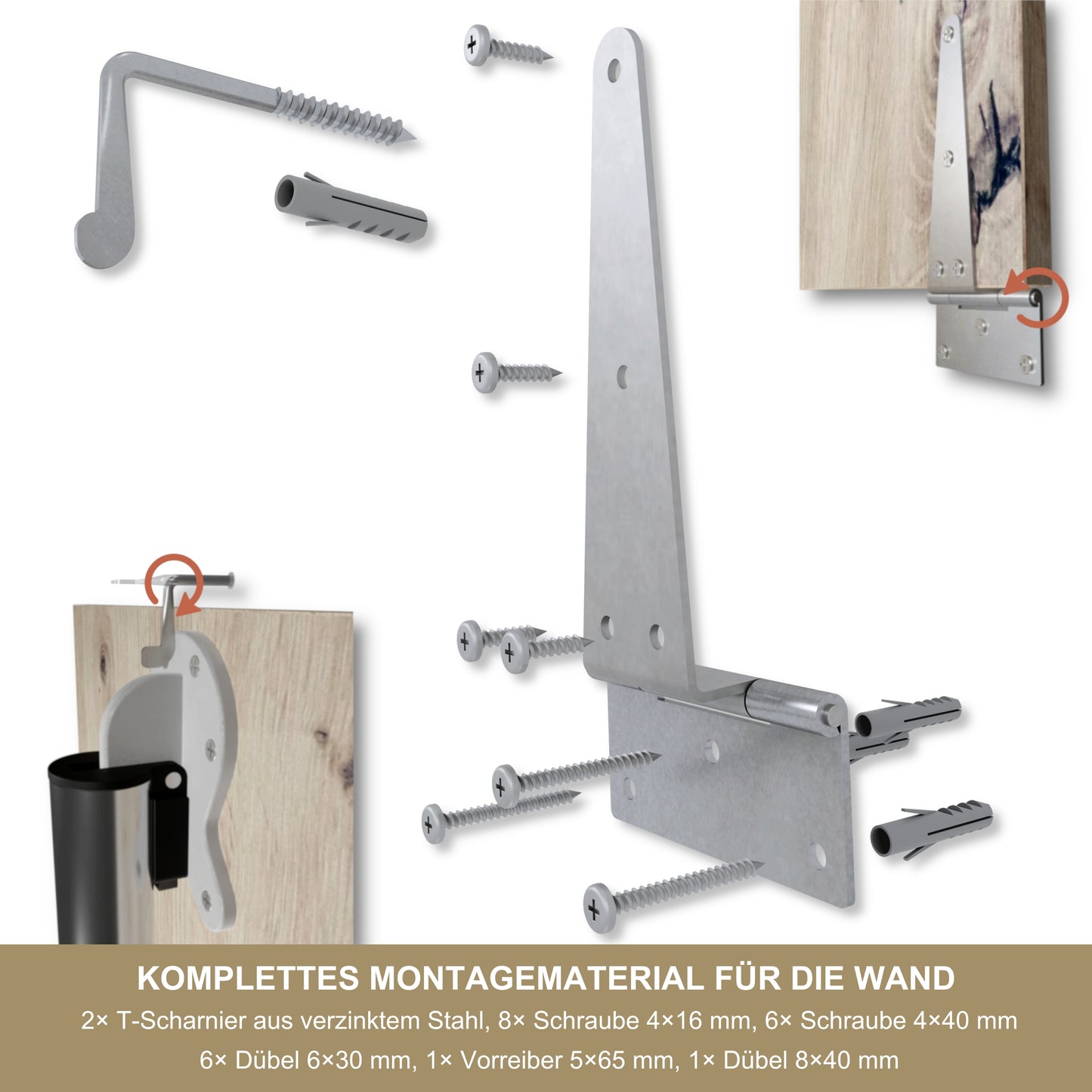 T-Scharnier Set für klappbaren Wandtisch – 2× verzinktes Bandscharnier für Wandmontage – Klapptisch Scharnier 90°-180° – inkl. Montagematerial