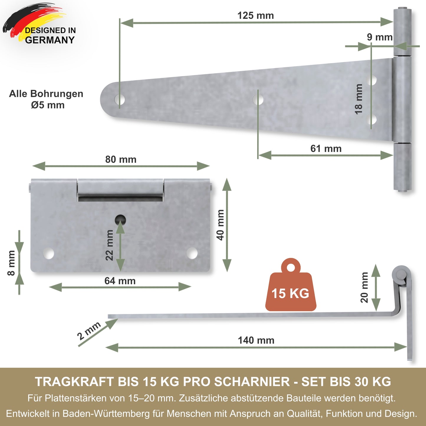 T-Scharnier Set für klappbaren Wandtisch – 2× verzinktes Bandscharnier für Wandmontage – Klapptisch Scharnier 90°-180° – inkl. Montagematerial