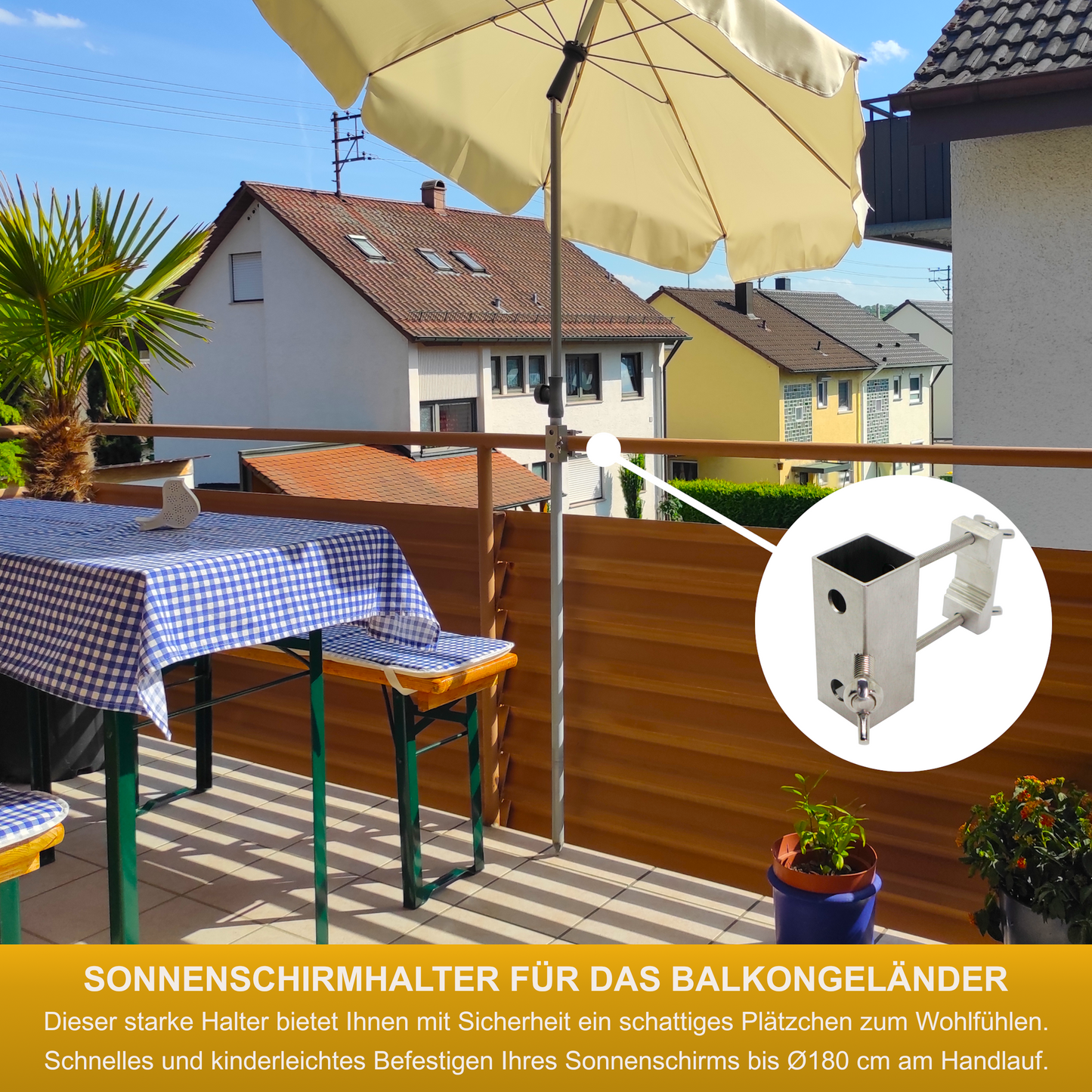 Sonnenschirmhalter aus Edelstahl für Balkongeländer rund und eckig Schirmhalterung bis Sonnenschirm 180 cm Schirmständer Balkon stabile Vierkant Halterung sichere Befestigung am Handlauf