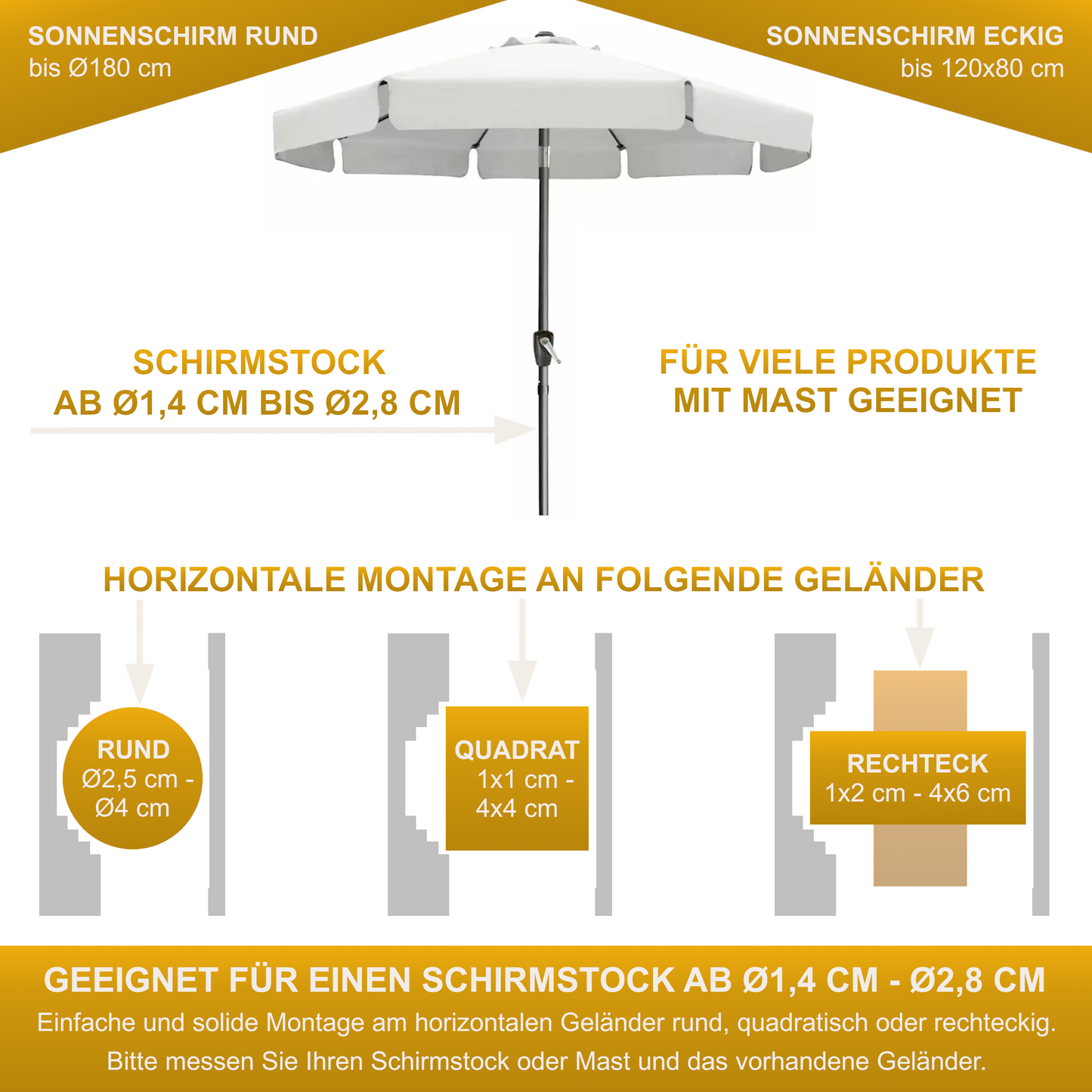 Sonnenschirmhalter aus Edelstahl für Balkongeländer rund und eckig Schirmhalterung bis Sonnenschirm 180 cm Schirmständer Balkon stabile Vierkant Halterung sichere Befestigung am Handlauf