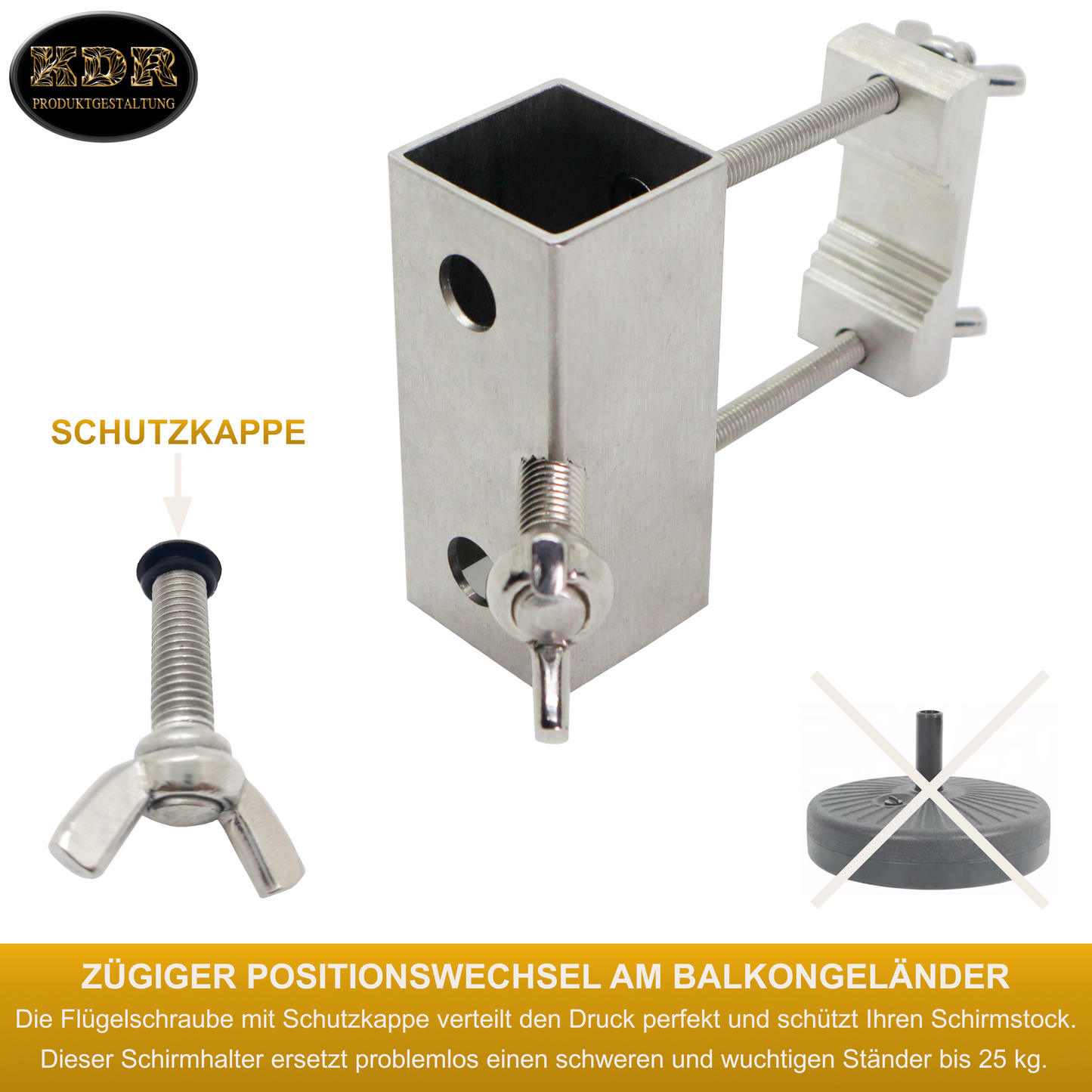 Sonnenschirmhalter aus Edelstahl für Balkongeländer rund und eckig Schirmhalterung bis Sonnenschirm 180 cm Schirmständer Balkon stabile Vierkant Halterung sichere Befestigung am Handlauf
