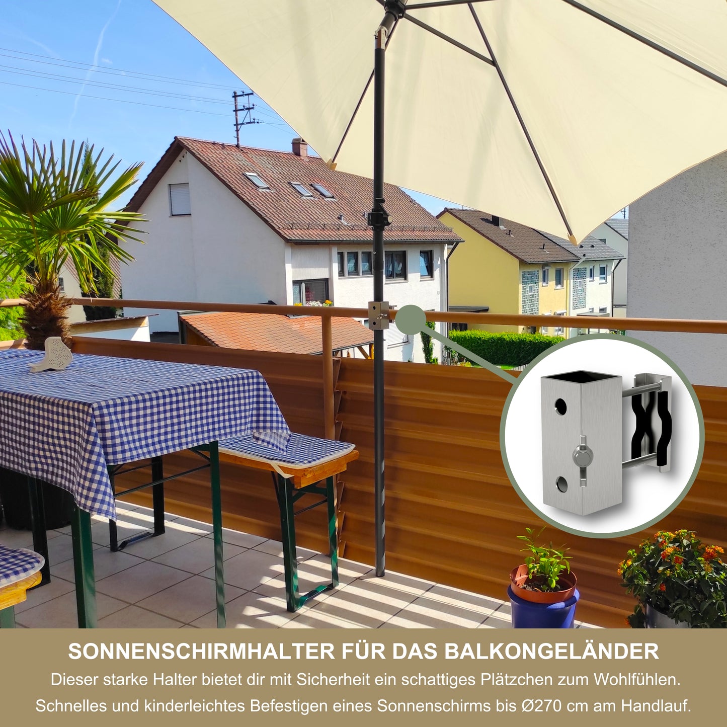 Support de parasol en acier inoxydable pour balustrades de balcon rondes et carrées – jusqu'à 270 cm, support carré stable, fixation sécurisée à la rambarde