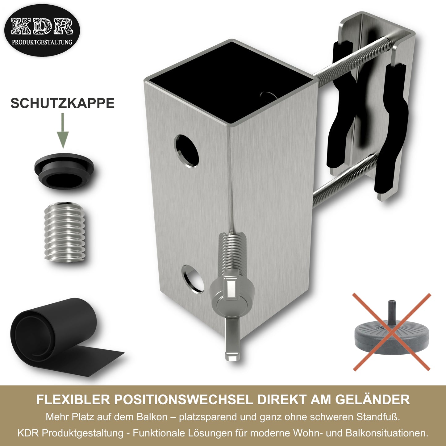 Support de parasol en acier inoxydable pour balustrades de balcon rondes et carrées – jusqu'à 270 cm, support carré stable, fixation sécurisée à la rambarde