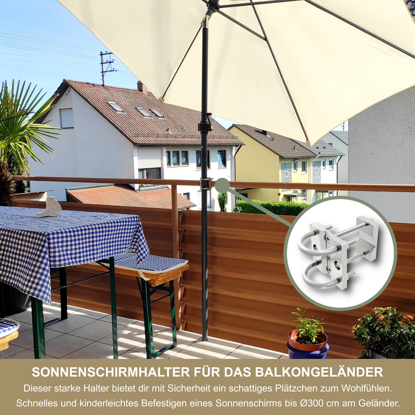 Sonnenschirmhalter Edelstahl für Balkongeländer rund & eckig – bis 300 cm, Schirmständer, stabile Bügel-Halterung, sichere Befestigung am Geländer
