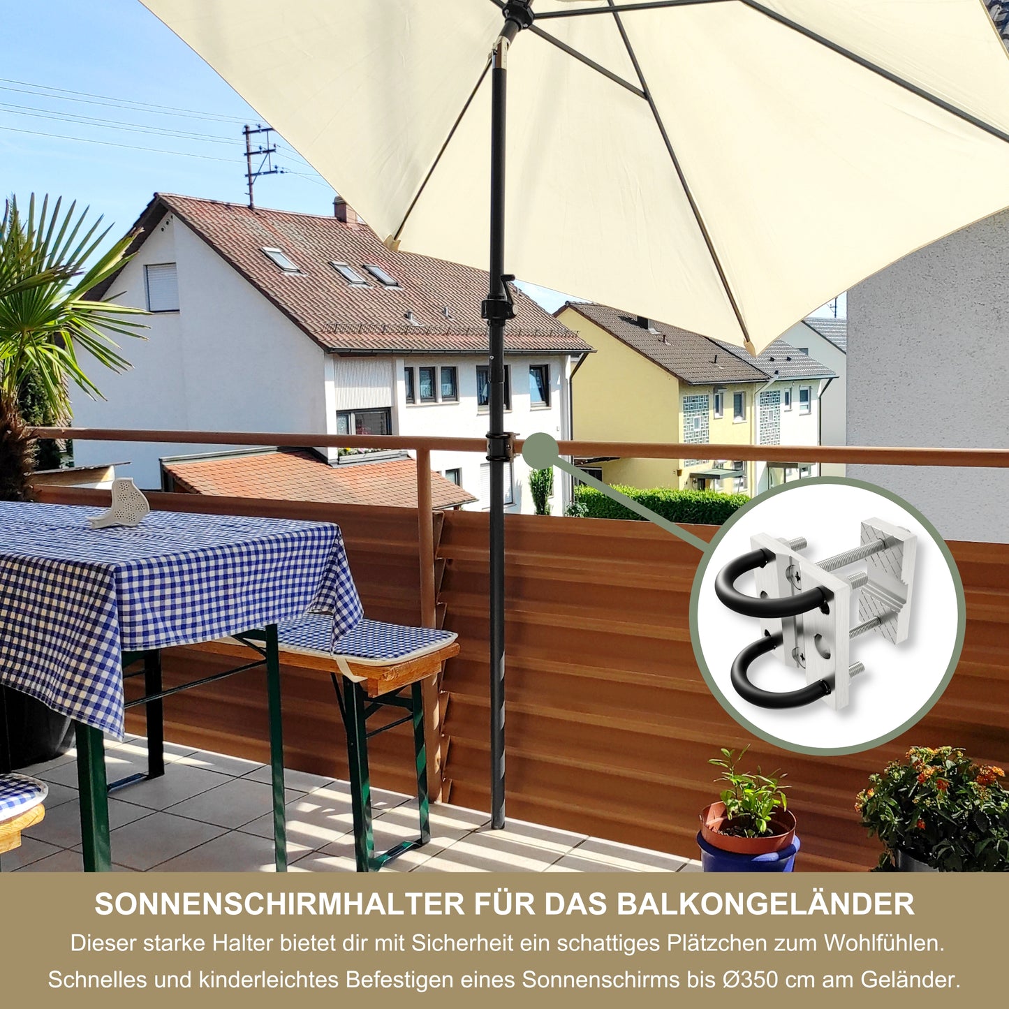 Sonnenschirmhalter Edelstahl für Balkongeländer rund & eckig – bis 350 cm, Schirmständer, stabile Bügel-Halterung, sichere Befestigung am Geländer (Kopie)