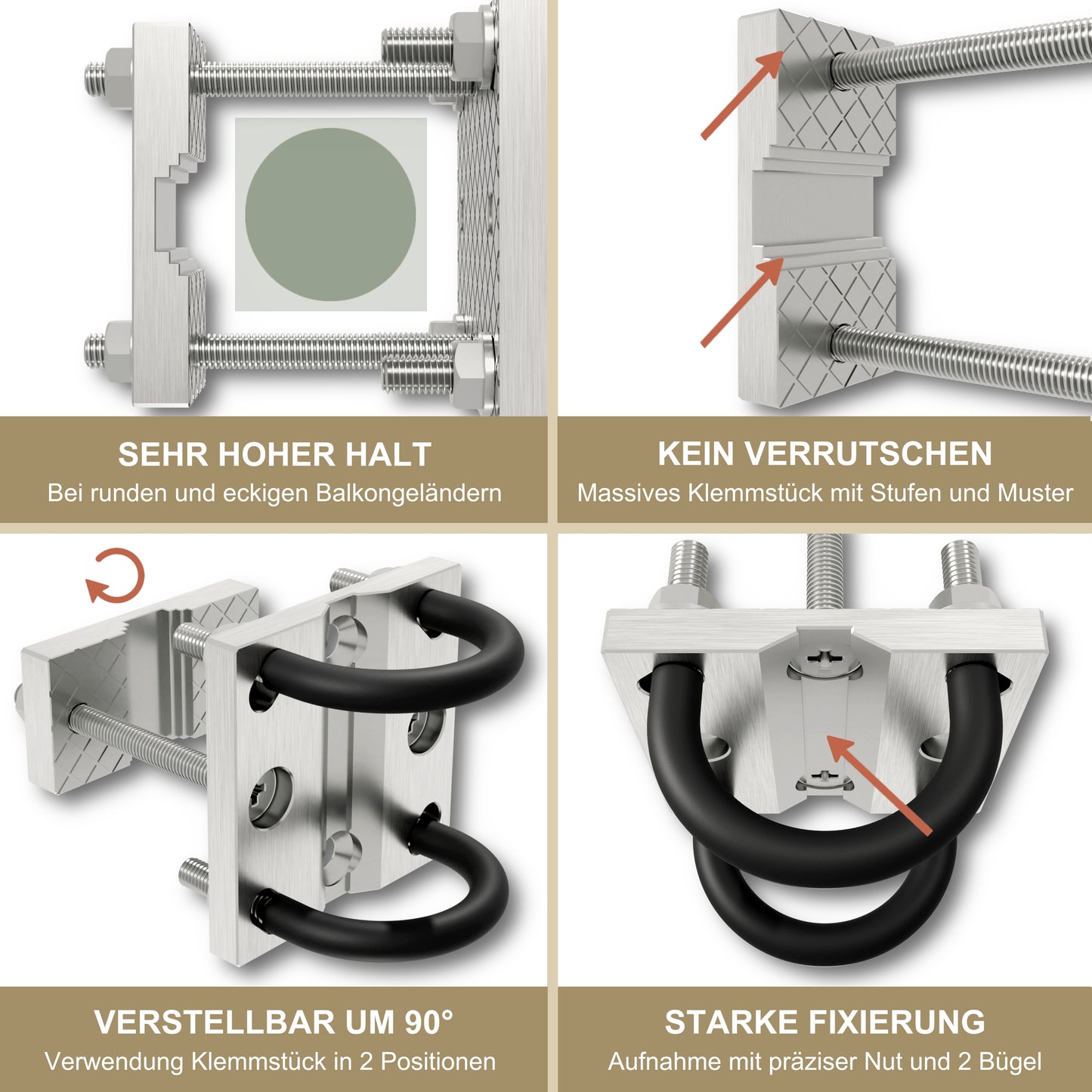 Sonnenschirmhalter Edelstahl für Balkongeländer rund & eckig – bis 350 cm, Schirmständer, stabile Bügel-Halterung, sichere Befestigung am Geländer (Kopie)