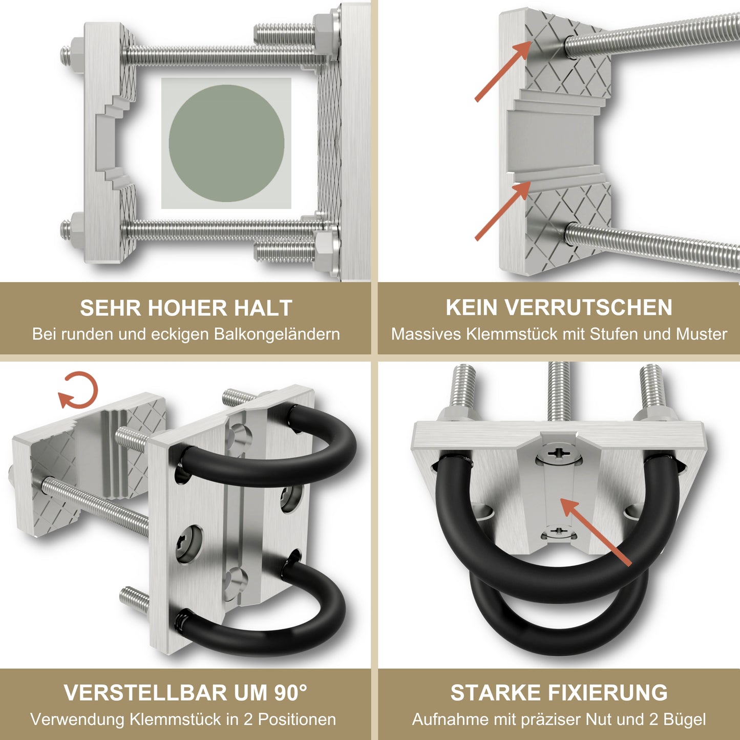 Support de parasol en acier inoxydable pour balustrades de balcon rondes et carrées – jusqu'à 300 cm, pied de parasol, support de fixation stable, fixation sécurisée à la balustrade