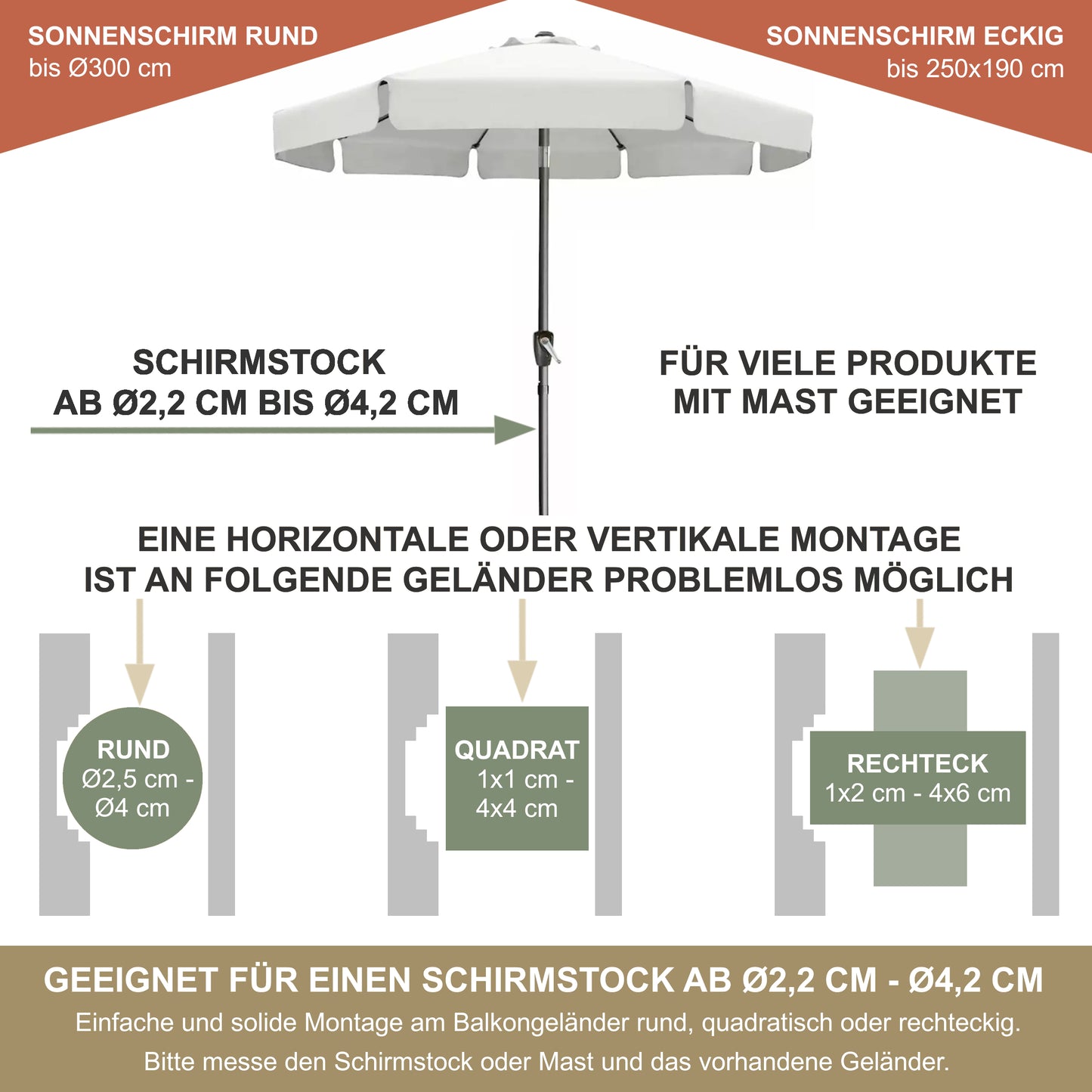 Sonnenschirmhalter Edelstahl für Balkongeländer rund & eckig – bis 300 cm, Schirmständer, stabile Bügel-Halterung, sichere Befestigung am Geländer