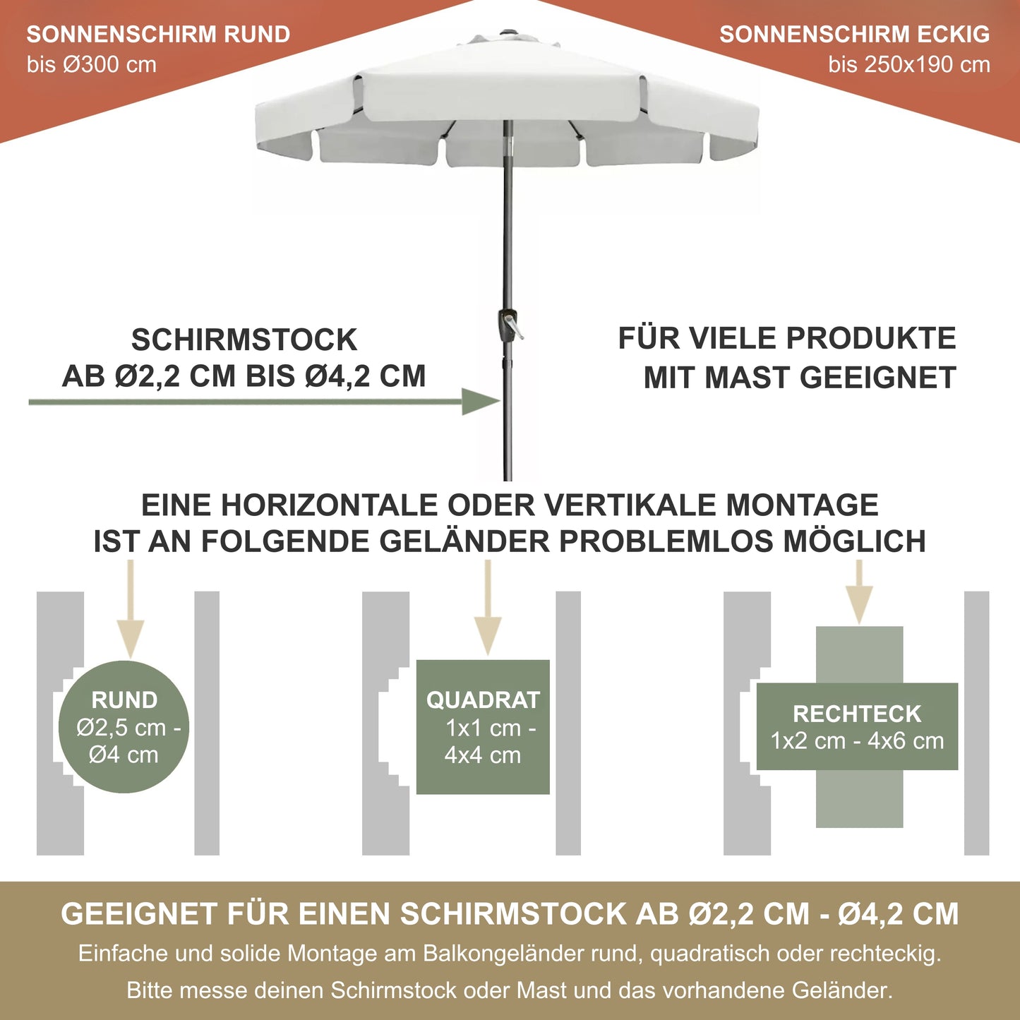 Support de parasol en acier inoxydable pour balustrades de balcon rondes et carrées – jusqu'à 300 cm, pied de parasol, support de fixation stable, fixation sécurisée à la balustrade