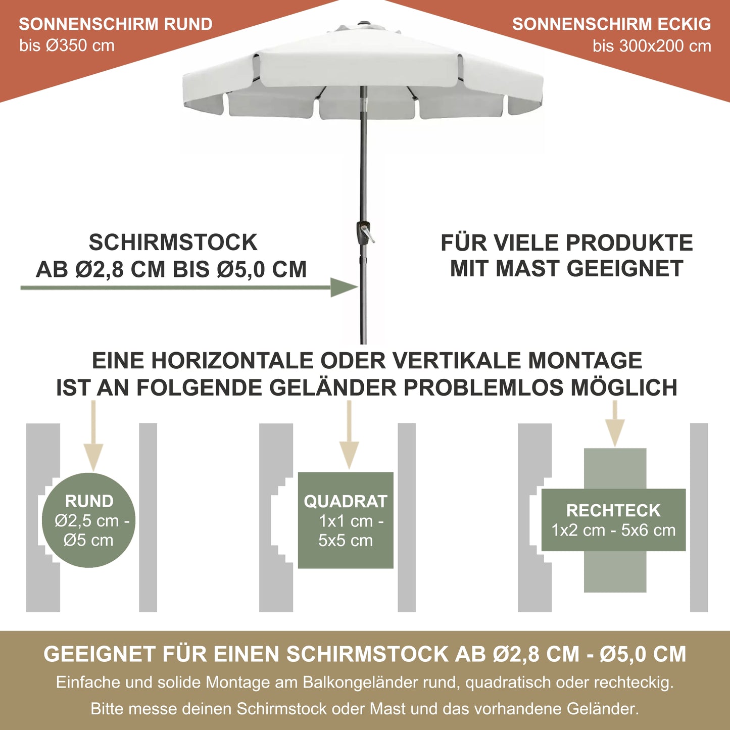 Sonnenschirmhalter Edelstahl für Balkongeländer rund & eckig – bis 350 cm, Schirmständer, stabile Bügel-Halterung, sichere Befestigung am Geländer (Kopie)