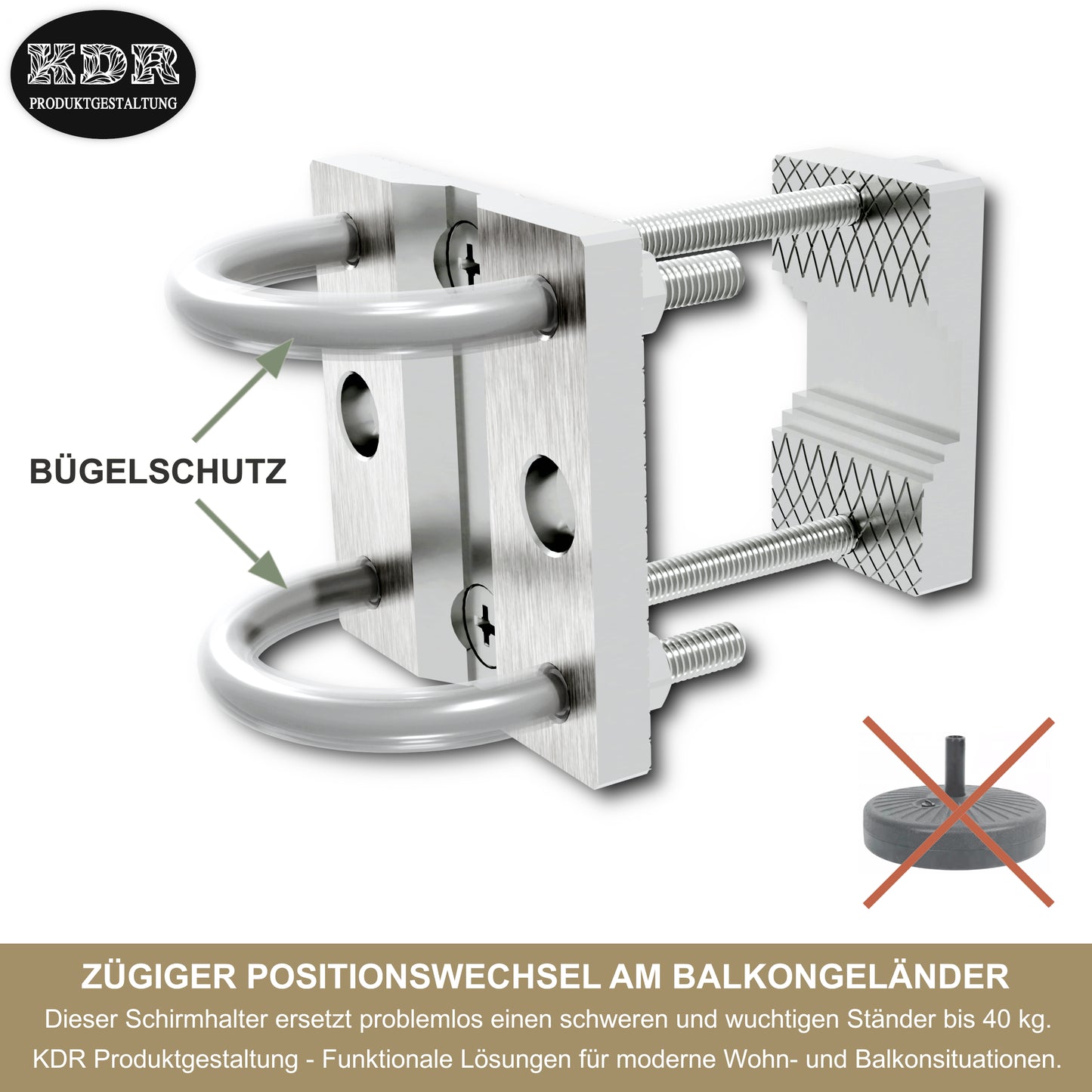 Sonnenschirmhalter Edelstahl für Balkongeländer rund & eckig – bis 300 cm, Schirmständer, stabile Bügel-Halterung, sichere Befestigung am Geländer