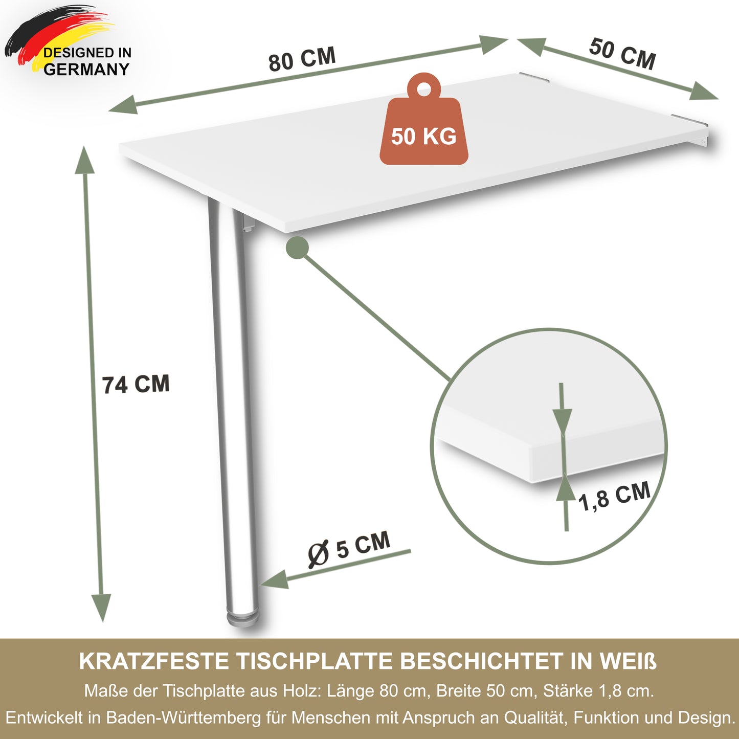 Wandklapptisch 80x50 cm Weiß – Klapptisch, Schreibtisch, Küchentisch, Esstisch, Wandmontage, platzsparend