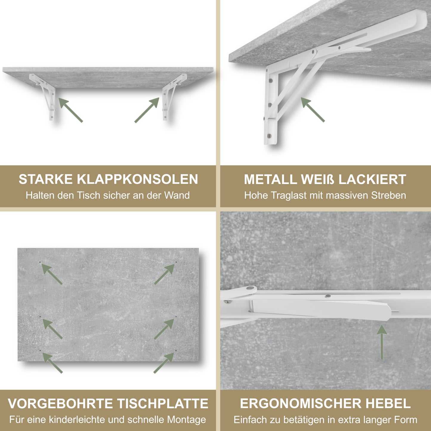Wall-mounted folding table 80x50 cm concrete look – folding table, desk, kitchen table, dining table, wall-mounted, space-saving