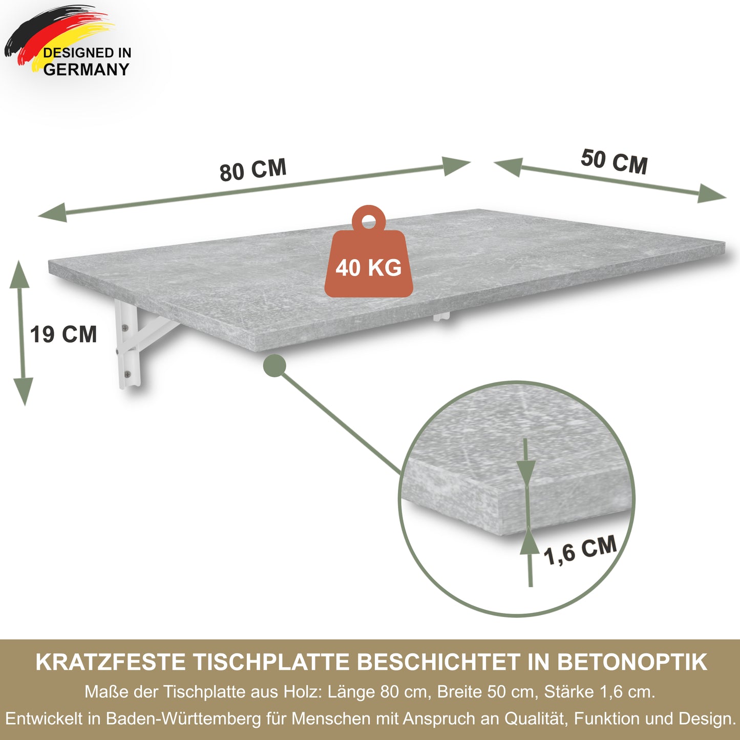 Wall-mounted folding table 80x50 cm concrete look – folding table, desk, kitchen table, dining table, wall-mounted, space-saving