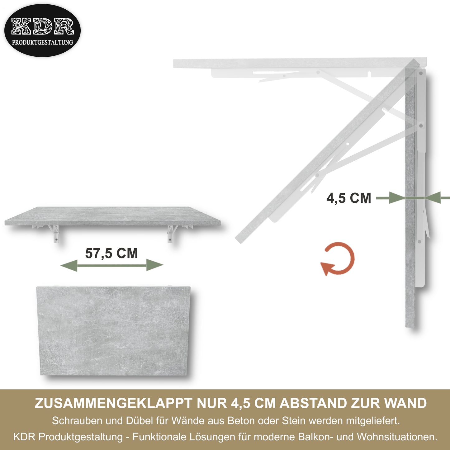 Wall-mounted folding table 80x50 cm concrete look – folding table, desk, kitchen table, dining table, wall-mounted, space-saving