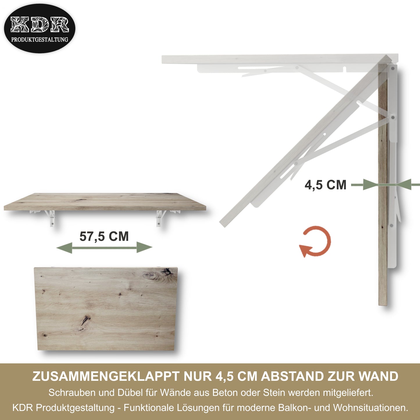 Wall-mounted folding table 80x50 cm, knotty oak – folding table, desk, kitchen table, dining table, wall-mounted, space-saving