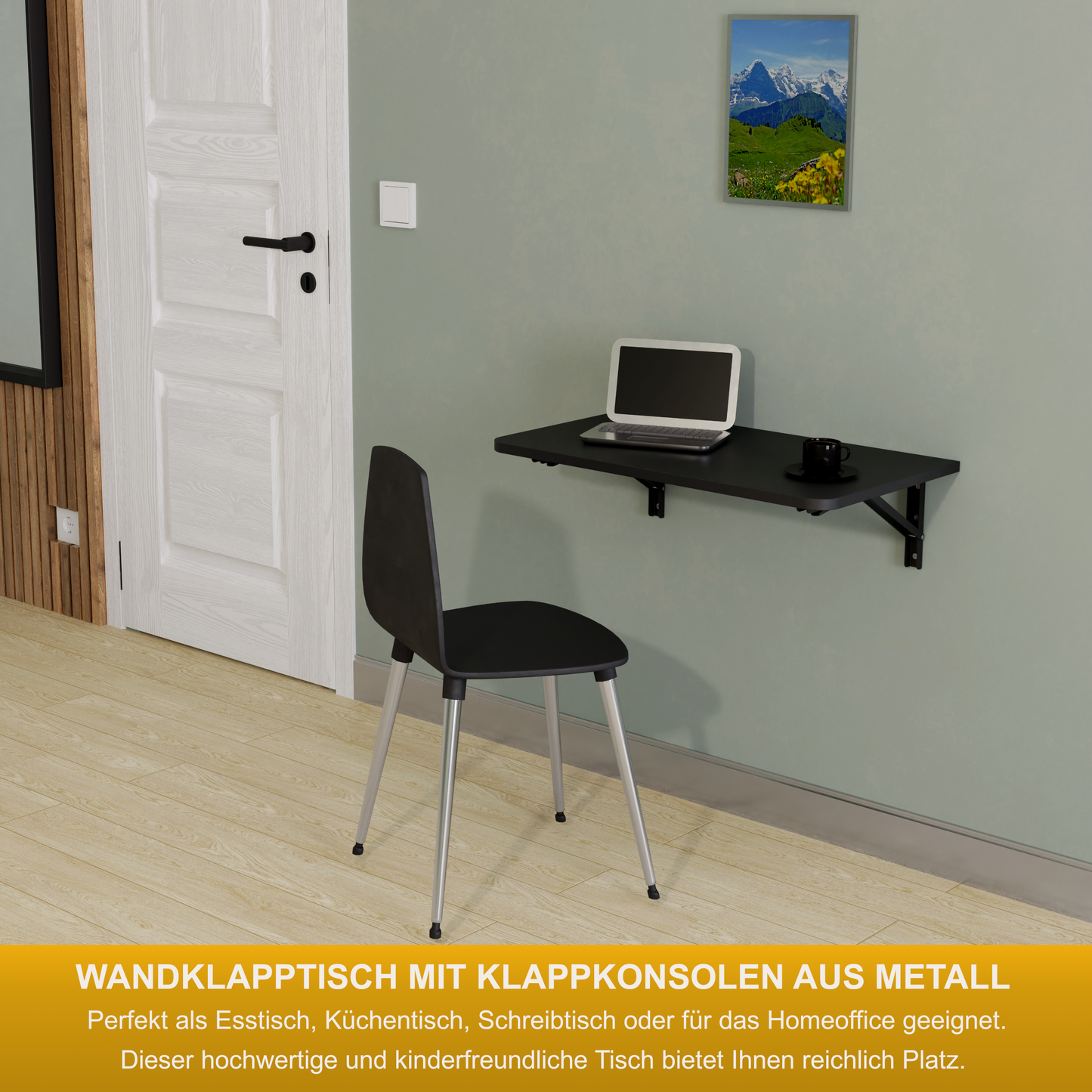 Wandklapptisch Schreibtisch Tischplatte 70x40 cm in Schwarz Klapptisch Esstisch Küchentisch für die Wand Bartisch Stehtisch Wandtisch Tisch klappbar zur Wandmontage