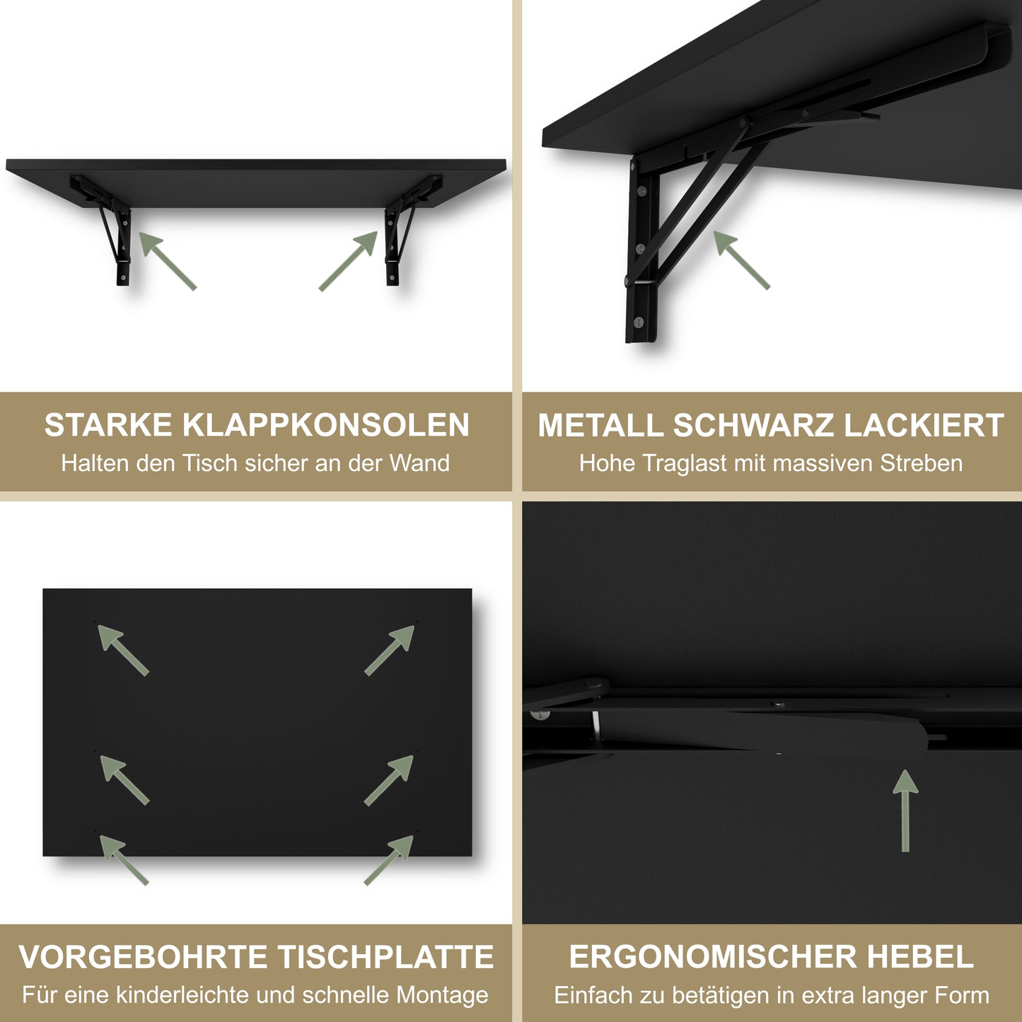 Wall-mounted folding table 80x50 cm black – Folding table, desk, kitchen table, dining table, wall-mounted, space-saving