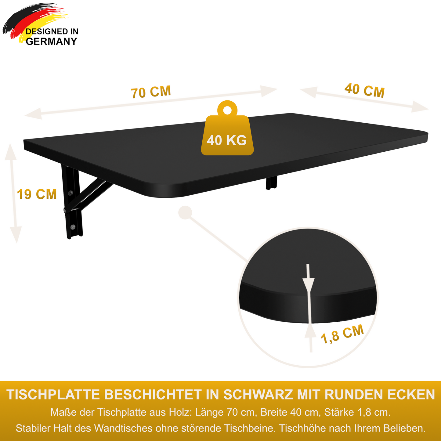Wandklapptisch Schreibtisch Tischplatte 70x40 cm in Schwarz Klapptisch Esstisch Küchentisch für die Wand Bartisch Stehtisch Wandtisch Tisch klappbar zur Wandmontage