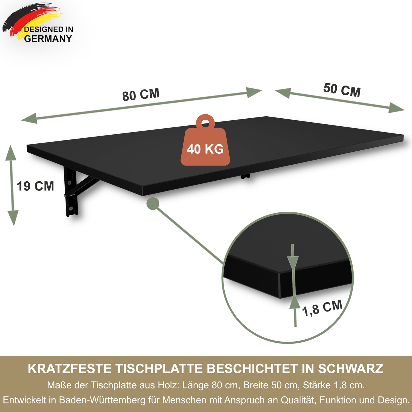 Wall-mounted folding table 80x50 cm black – Folding table, desk, kitchen table, dining table, wall-mounted, space-saving