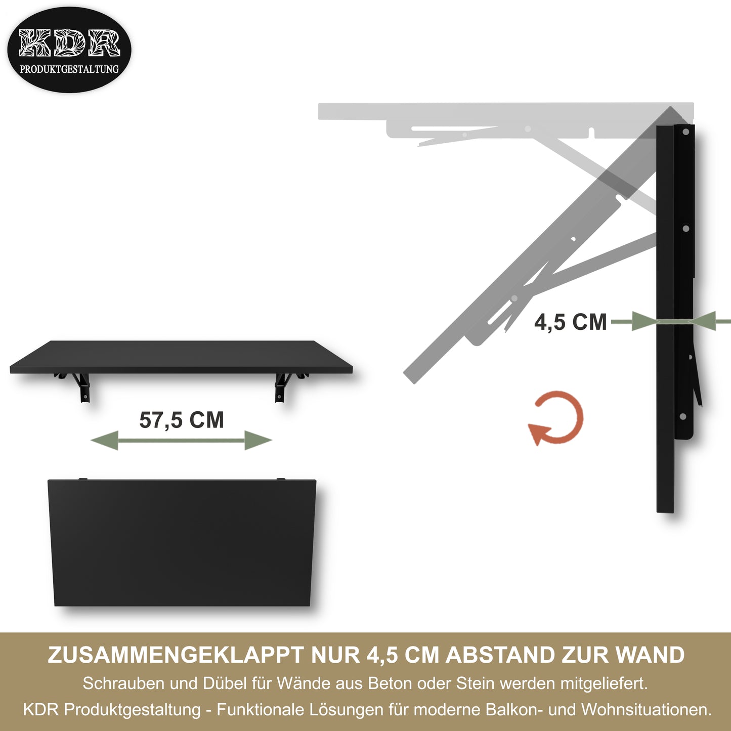 Wall-mounted folding table 80x40 cm black – Folding table, desk, kitchen table, dining table, wall-mounted, space-saving