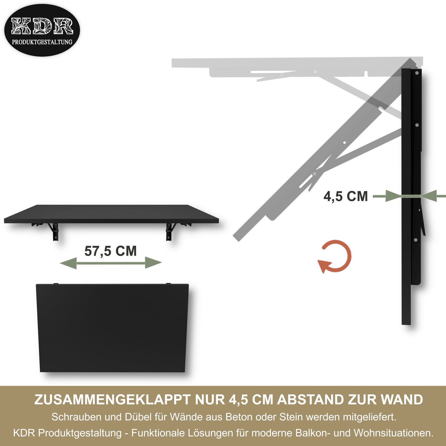 Wall-mounted folding table 80x50 cm black – Folding table, desk, kitchen table, dining table, wall-mounted, space-saving