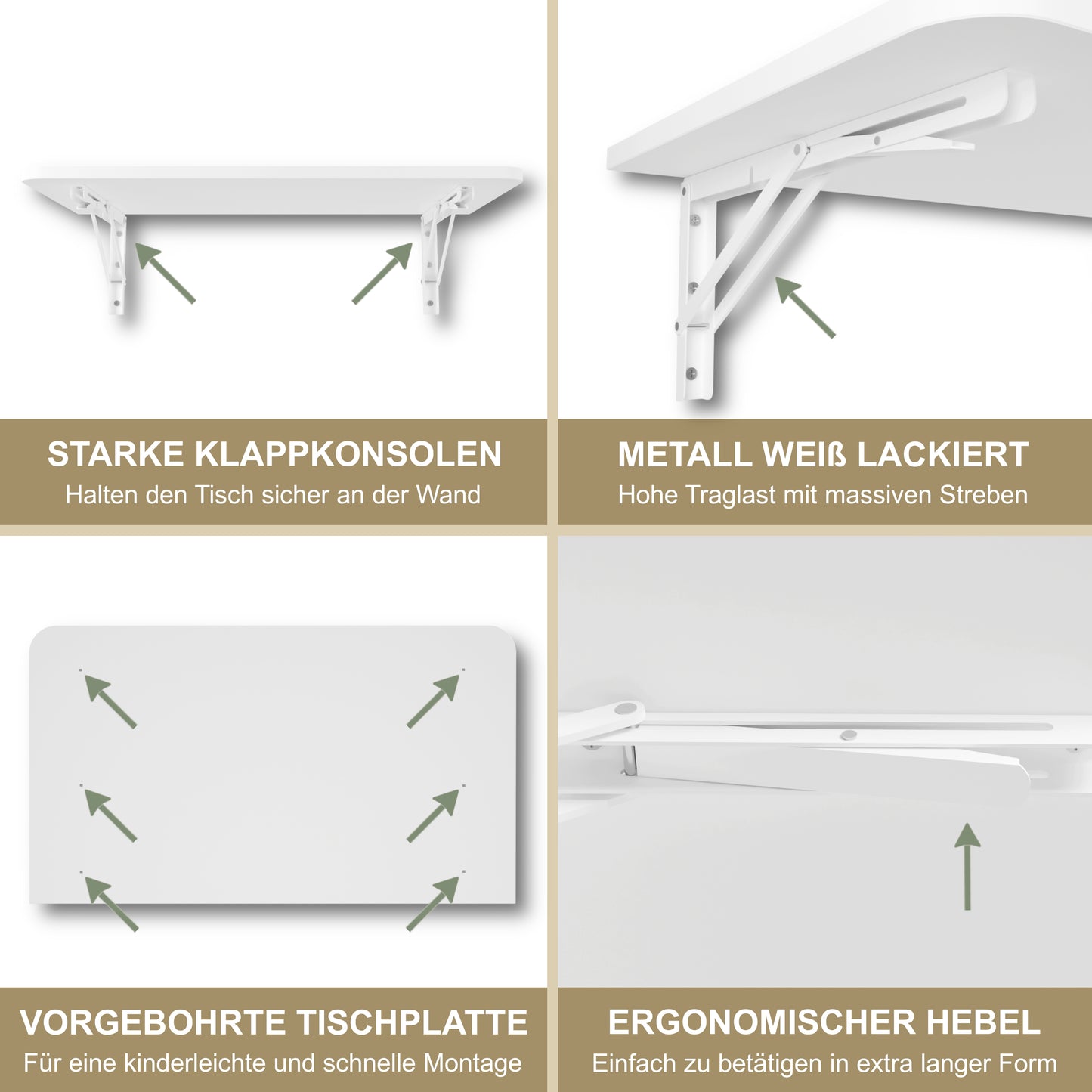 Wall-mounted folding table, desk, table top 80x40 cm in white, folding table, dining table, kitchen table for the wall, bar table, high table, wall table, foldable table for wall mounting