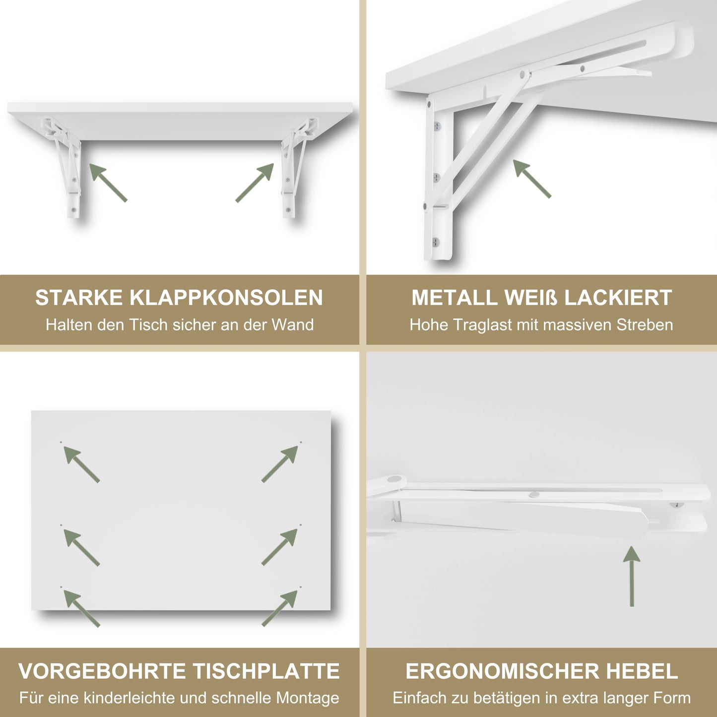 Wandklapptisch 60x40 cm Weiß – Klapptisch, Schreibtisch, Küchentisch, Esstisch, Wandmontage, platzsparend (Kopie)
