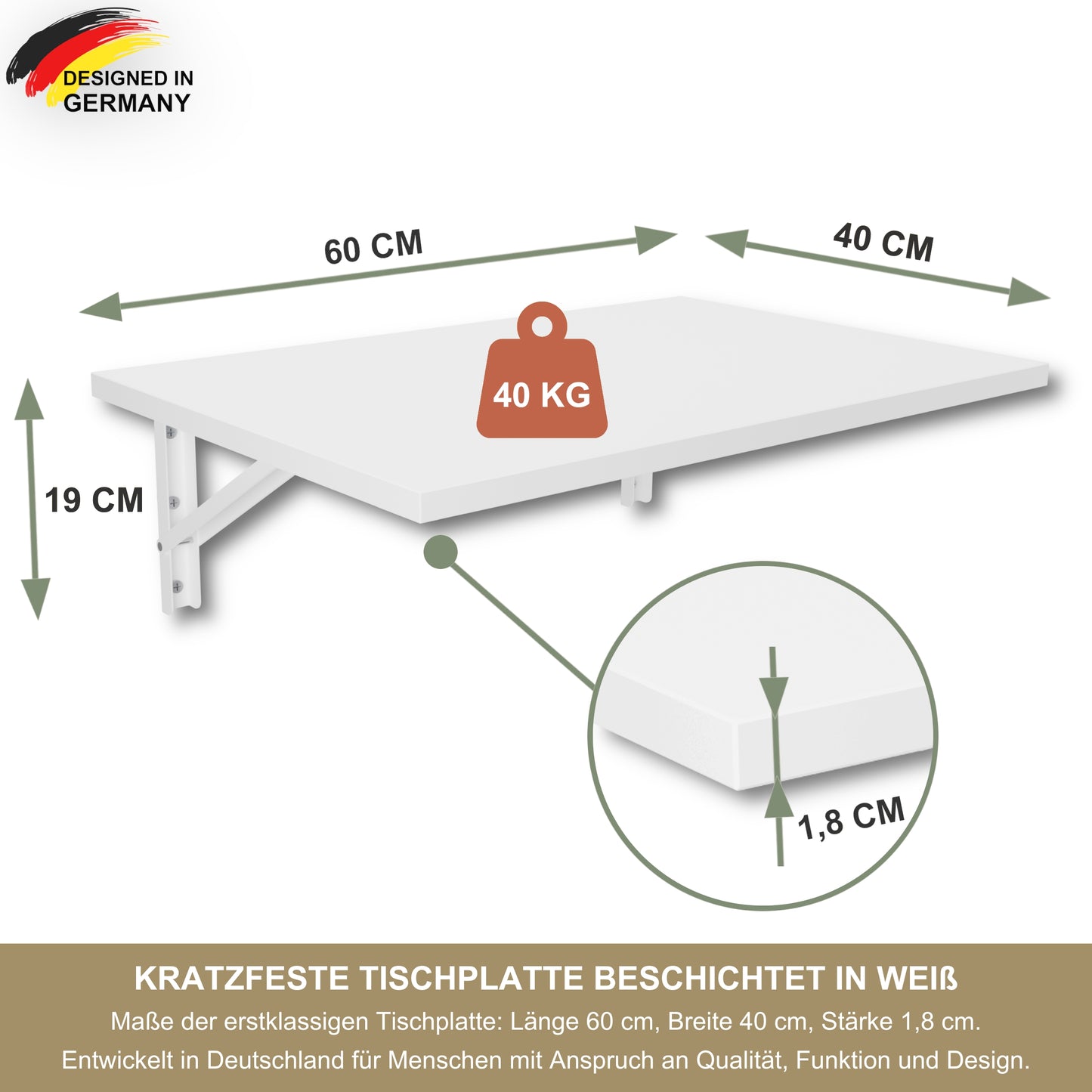 Wandklapptisch 60x40 cm Weiß – Klapptisch, Schreibtisch, Küchentisch, Esstisch, Wandmontage, platzsparend (Kopie)