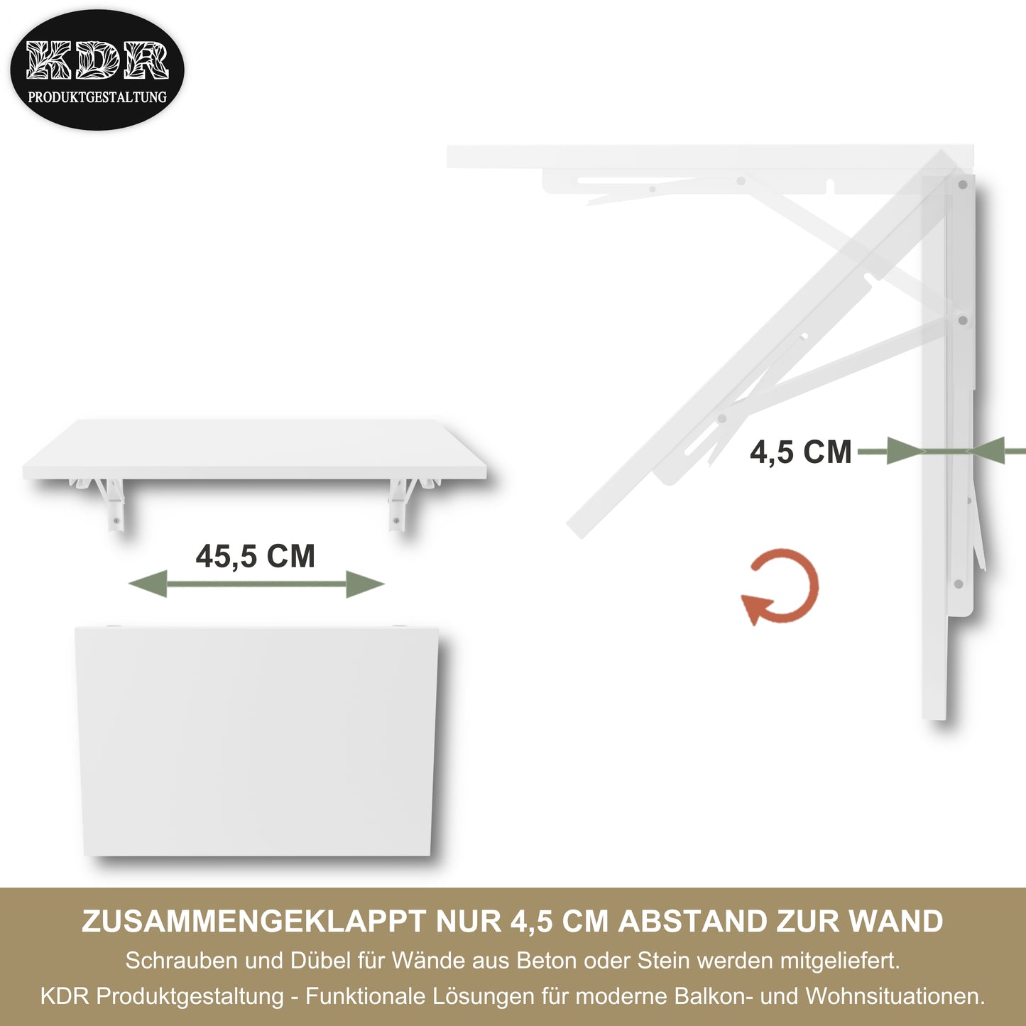 Wandklapptisch 60x40 cm Weiß – Klapptisch, Schreibtisch, Küchentisch, Esstisch, Wandmontage, platzsparend (Kopie)