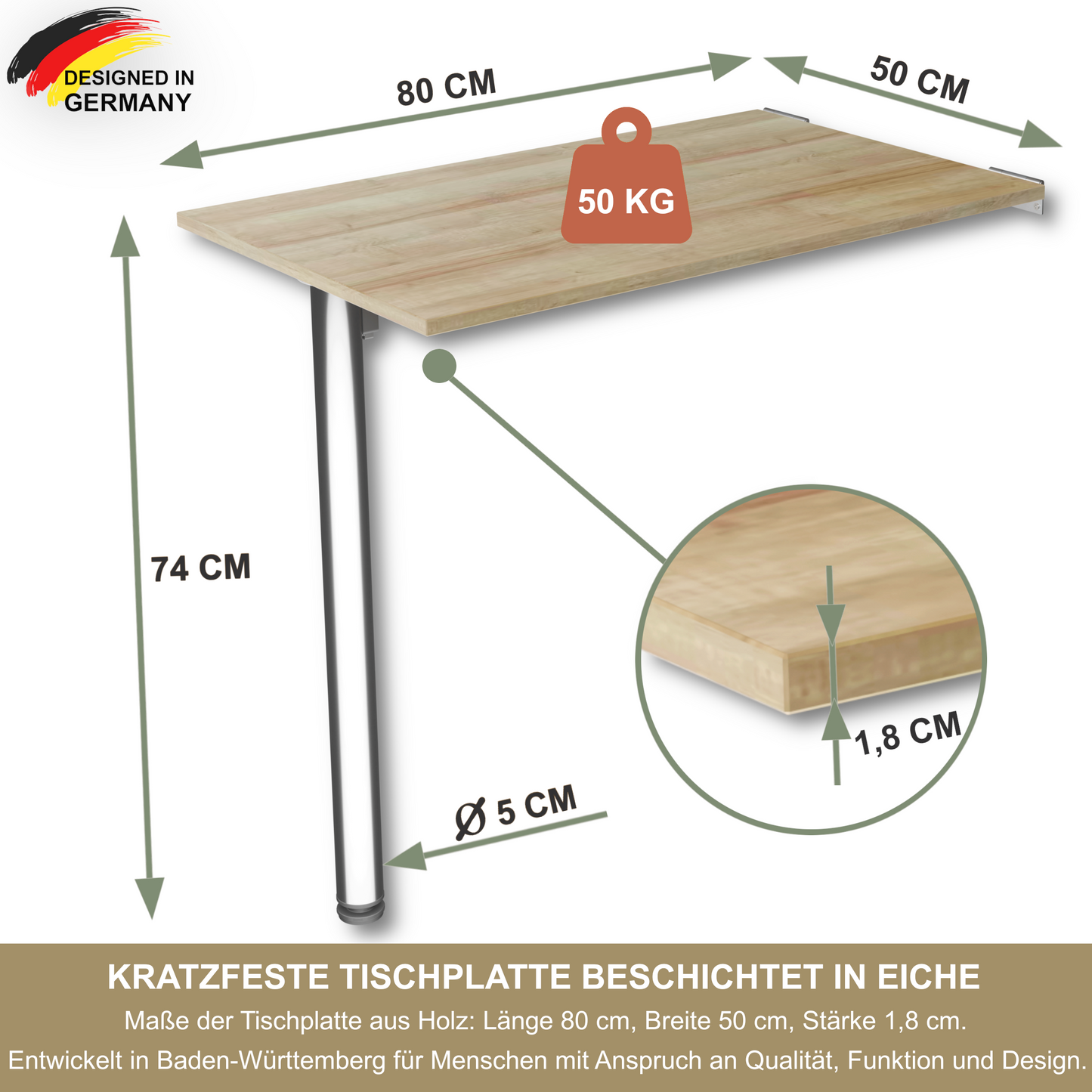 Wandklapptisch 80x50 cm Eiche – Klapptisch, Schreibtisch, Küchentisch, Esstisch, Wandmontage, platzsparend