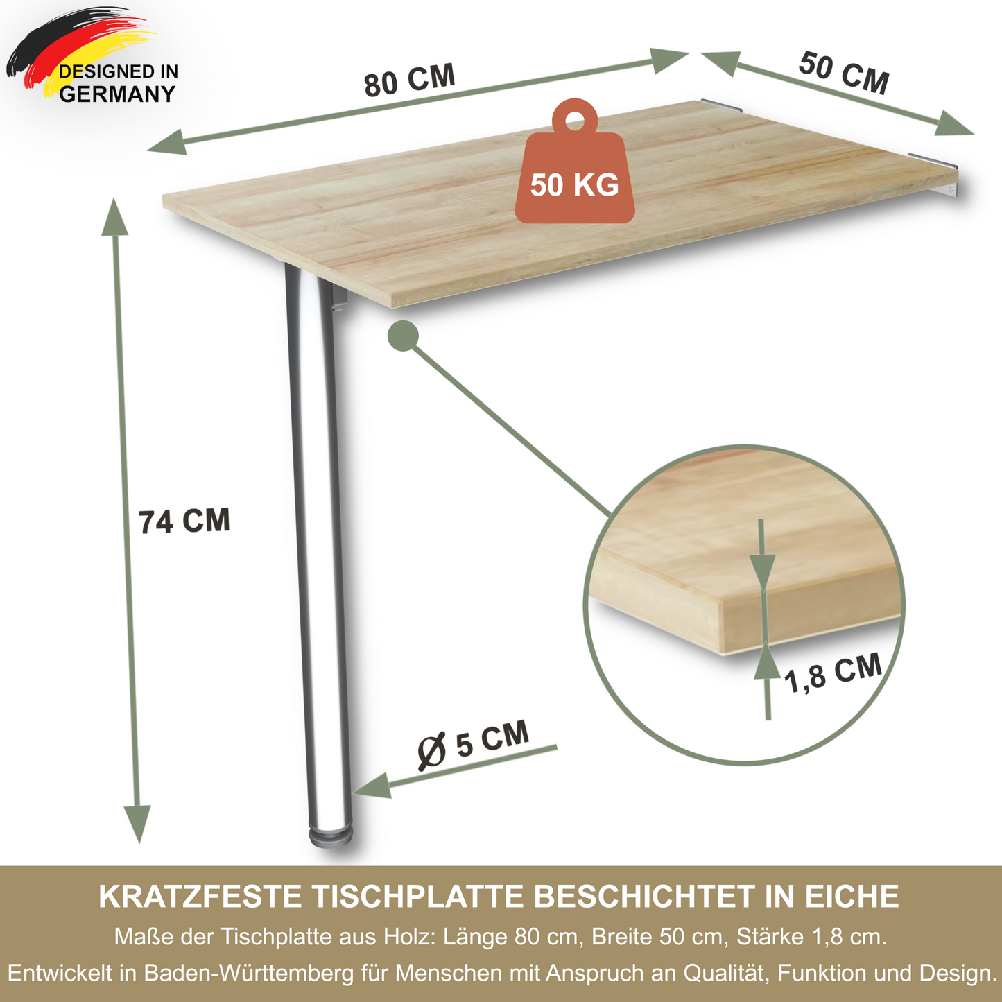 Wandklapptisch 80x50 cm Eiche – Klapptisch, Schreibtisch, Küchentisch, Esstisch, Wandmontage, platzsparend