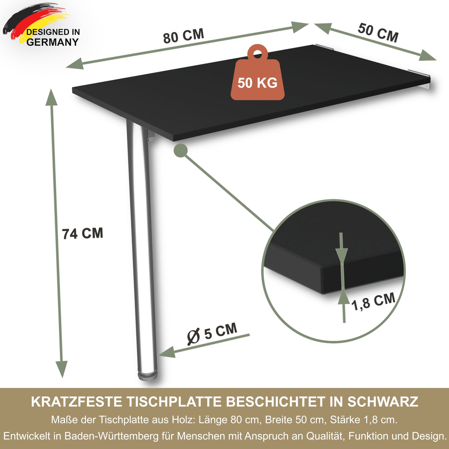Wall-mounted folding table 80x50 cm black – Folding table, desk, kitchen table, dining table, wall-mounted, space-saving